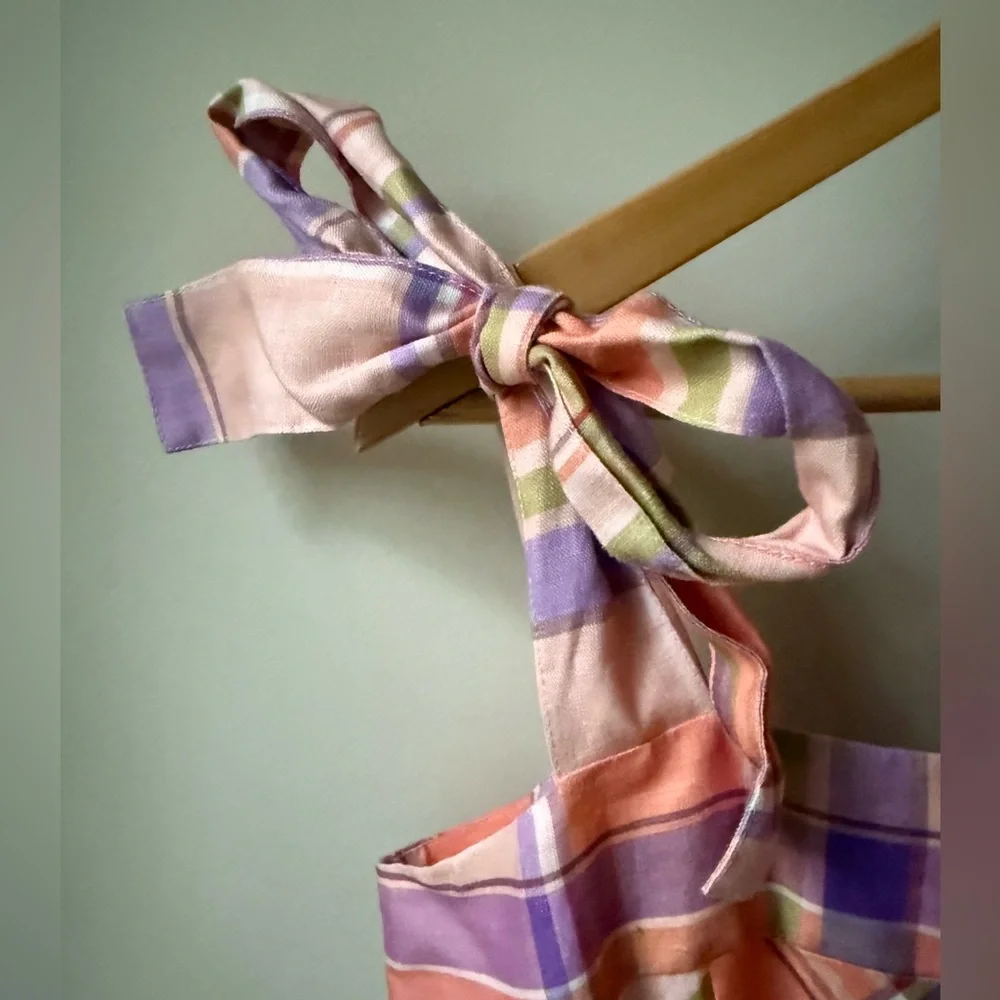 KACHEL Anthropologie Tie‎ Stripe Linen Maxi Dress Tiered Coquette Cottagecore M